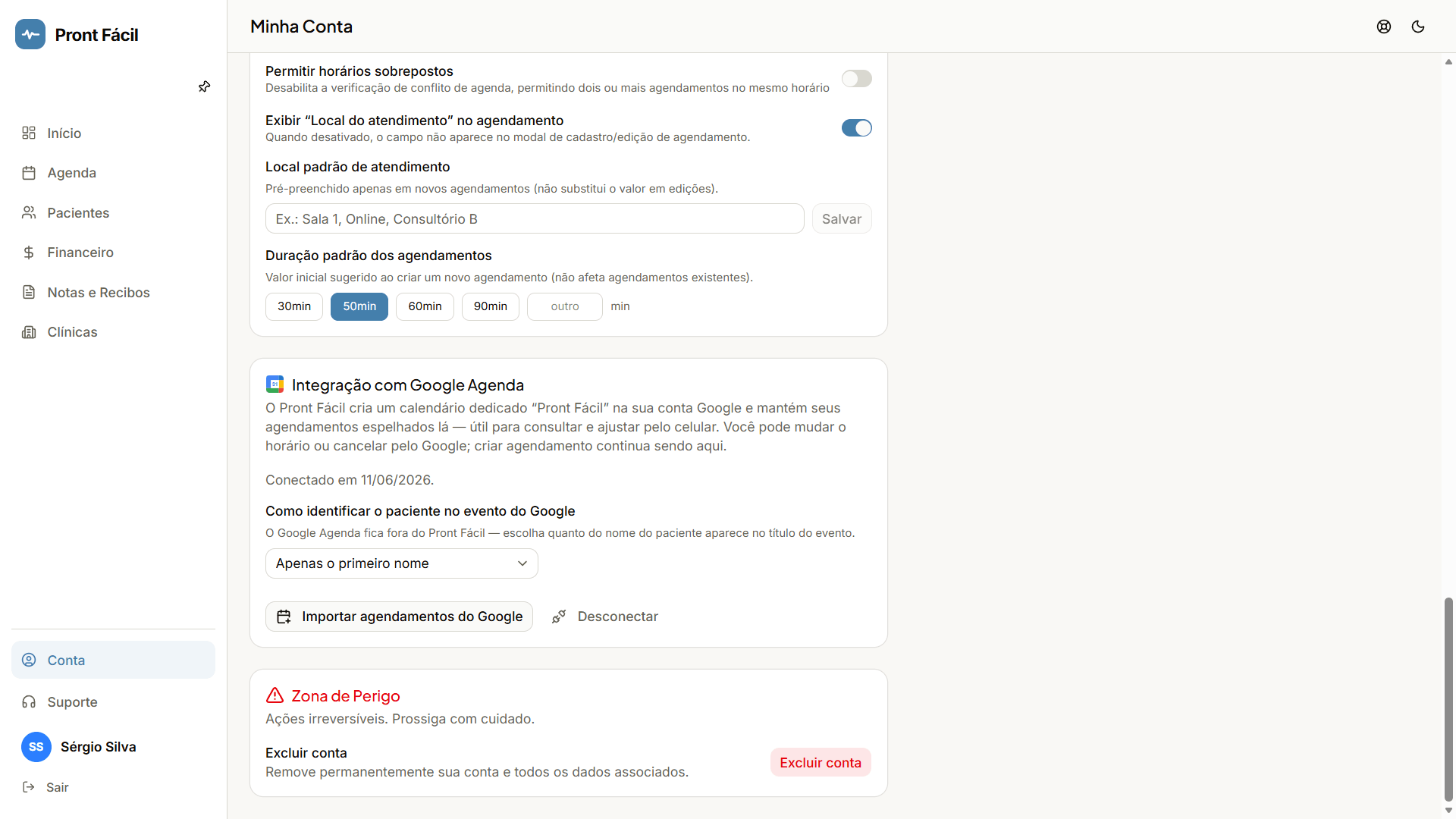 Tela de conta com a sincronização do Google Agenda ativa